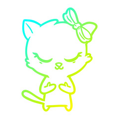 cold gradient line drawing cute cartoon cat with bow
