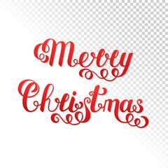 Merry Christmas Handwritten Lettering Red Text Isolated on Transparent Background.