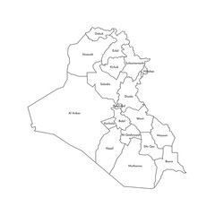 Vector isolated illustration of simplified administrative map of Iraq. Borders and names of the governorates (regions). Black line silhouettes
