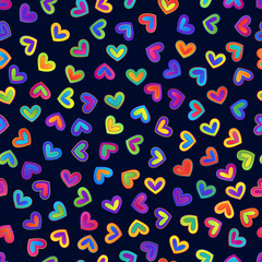 Seamless Pattern of Bright Gradient Colorful Hearts on Dark Background.