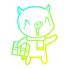 cold gradient line drawing happy cartoon pig with xmas present
