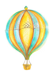 Freehand drawing with pencils. Flying balloon on a white background. Isolated object. The idea of the design of balloons. Bright children cartoon pencil drawing