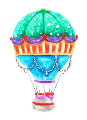 Freehand drawing with pencils. Flying balloon on a white background. Isolated object. The idea of the design of balloons. Bright children cartoon pencil drawing