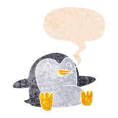 cartoon penguin and speech bubble in retro textured style