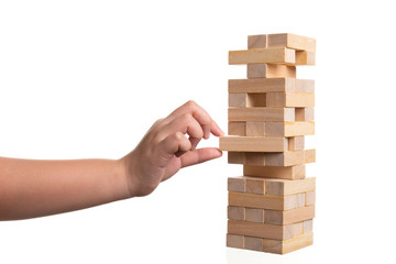 Close up blocks wood game on white background.