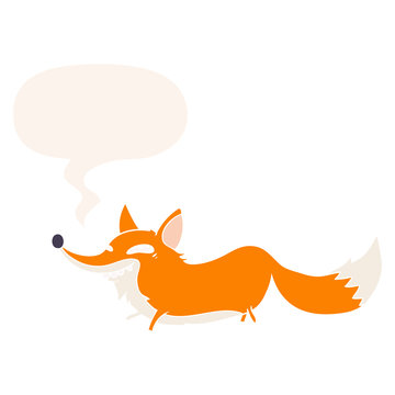 cute cartoon sly fox and speech bubble in retro style