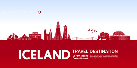 Iceland travel destination grand vector illustration. - obrazy, fototapety, plakaty
