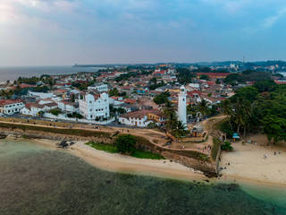Aerial drone of Galle fort Lighthouse at sunset golden hour. Galle Dutch Fort, Sri lanka
