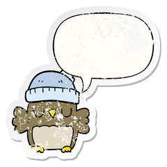 cute cartoon owl in hat and speech bubble distressed sticker