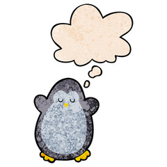 cartoon penguin and thought bubble in grunge texture pattern style