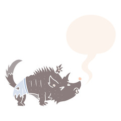 cartoon halloween werewolf and speech bubble in retro style