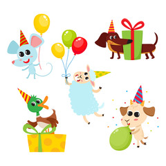 Collection of cartoon animals with gifts, balloons isolated on white.
