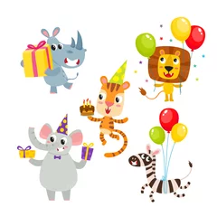 Verduisterende rolgordijnen Dieren met ballon Collectie van tekenfilm dieren met geschenken, ballonnen geïsoleerd op wit.