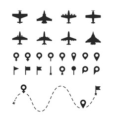 Set of airplane and pin symbols. Different types aircrafts and jet black silhouette. Vector illustration airplane paths.