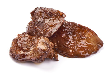 Fried Chicken liver, baked livers, close-up, isolated on white background