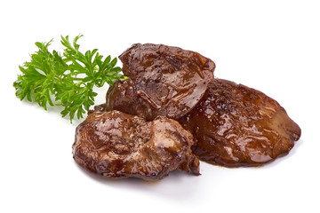 Fried Chicken Livers, Traditional French cuisine, close-up, isolated on white background