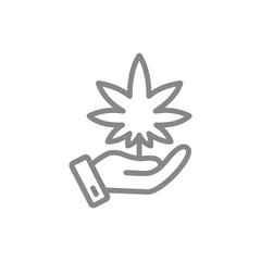 Hand with cannabis leaf, medical care, growing line icon.