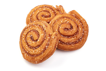 Sweet cinnamon rolls, close-up, isolated on white background
