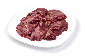 Raw Chicken livers on a plate, Fresh offal, close-up, isolated on white background