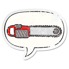 cartoon chainsaw and speech bubble distressed sticker