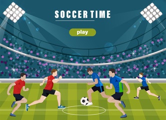 Team playing soccer Vector flat style. Game start. Soccer field brochure templates