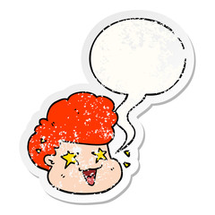 cartoon excited boy and speech bubble distressed sticker