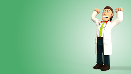 Cartoon 3d doctor with a stethoscope smiling and celebrating victory with his arms up on a green gradient background 3d rendering