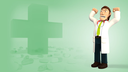 Cartoon 3d doctor with a stethoscope smiling and celebrating victory with his arms up on a green background with medical cross and pills 3d rendering
