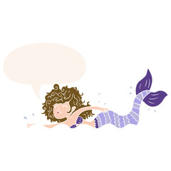 cartoon mermaid and speech bubble in retro style