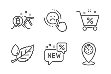 Naklejka premium Leaf dew, Loan percent and New icons simple set. Dislike, Bitcoin mining and Timer signs. Water drop, Shopping cart. Business set. Line leaf dew icon. Editable stroke. Vector