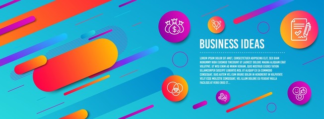 Header banner. Approved agreement, Check investment and Euler diagram icons simple set. Cogwheel, Balloons and Like signs. Signature document, Business report. Business set. Vector