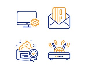 Credit card, Monitor settings and Cream icons simple set. Wifi sign. Mail, Service cogwheel, Best lotion. Internet router. Business set. Linear credit card icon. Colorful design set. Vector