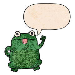 cartoon frog and speech bubble in retro texture style