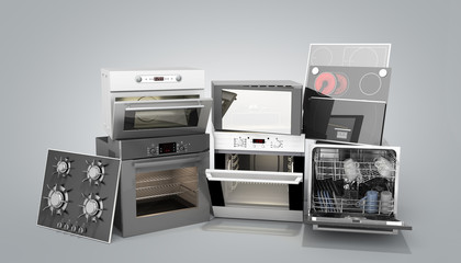 Home appliances built in Group of white 3d render on grey gradient