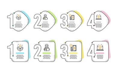 Woman read, Parking payment and Creative idea icons simple set. Bitcoin sign. Girl studying, Paid garage, Lightning. Cryptocurrency laptop. Business set. Infographic timeline. Line woman read icon