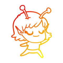 warm gradient line drawing smiling alien girl cartoon