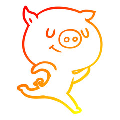 warm gradient line drawing happy cartoon pig running