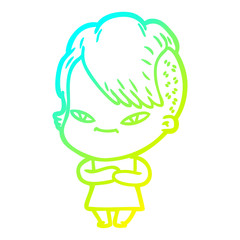 cold gradient line drawing cute cartoon girl with hipster haircut