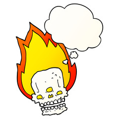 spooky cartoon flaming skull and thought bubble in smooth gradient style