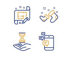 Santa boots, Architect plan and Time hourglass icons simple set. Communication sign. New year, Engineering plan, Sand watch. Smartphone messages. Business set. Linear santa boots icon. Vector