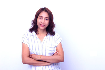 Portrait of beautiful  asian woman with curly hair style   isolate. She is folded arms. 