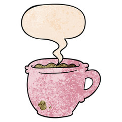 cartoon hot cup of coffee and speech bubble in retro texture style