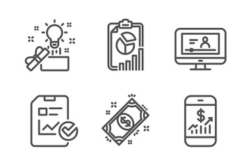 Online video, Report checklist and Payment icons simple set. Creative idea, Report and Mobile finance signs. Video exam, Sales growth file. Education set. Line online video icon. Editable stroke