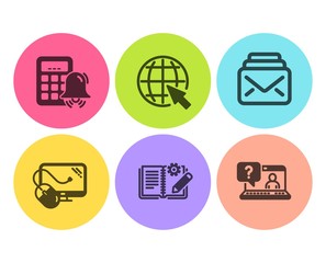 Mail, Computer mouse and Engineering documentation icons simple set. Calculator alarm, Internet and Faq signs. New messages, Pc component. Technology set. Flat mail icon. Circle button. Vector