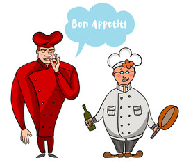 Two types of chef character. Drawn in cartoon style.