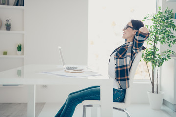 Profile side view photo of positive cheerful cute entrepreneur have free time want enjoy excited dressed eyewear eyeglasses checkered plaid shirt denim jeans occupation