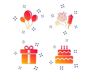 Birthday party icons. Cake and gift box signs. Air balloons and fireworks symbol. Random dynamic shapes. Gradient birthday icon. Vector