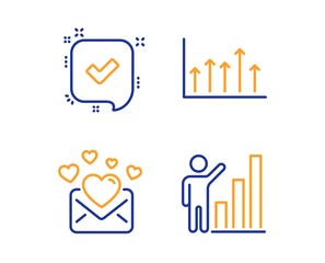 Confirmed, Love mail and Growth chart icons simple set. Graph chart sign. Accepted message, Valentines letter, Upper arrows. Growth report. Education set. Linear confirmed icon. Colorful design set
