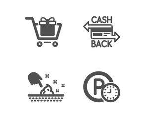 Set of Shopping cart, Cashback card and Skin moisture icons. Parking time sign. Gift box, Money payment, Wet cream. Park clock.  Classic design shopping cart icon. Flat design. Vector