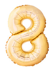 Number 8 eight made of golden inflatable balloon isolated on white background. Helium balloon eight 8 number. Discount and sale or birthday concept